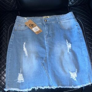 Trendy Light Blue Distressed Denim Mini Skirt